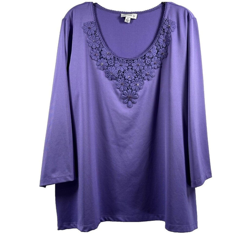 Susan Graver Women Purple Floral Embroidered Sequin Blouse XL 3/4 Sleeve Top